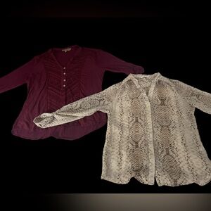 Red burgundy embroidered Henley 3/4 sleeve & sheer snakeskin button blouse lot